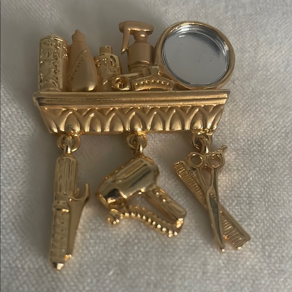 Vintage Gold Toned  Hairdresser Brooch with Charm Details